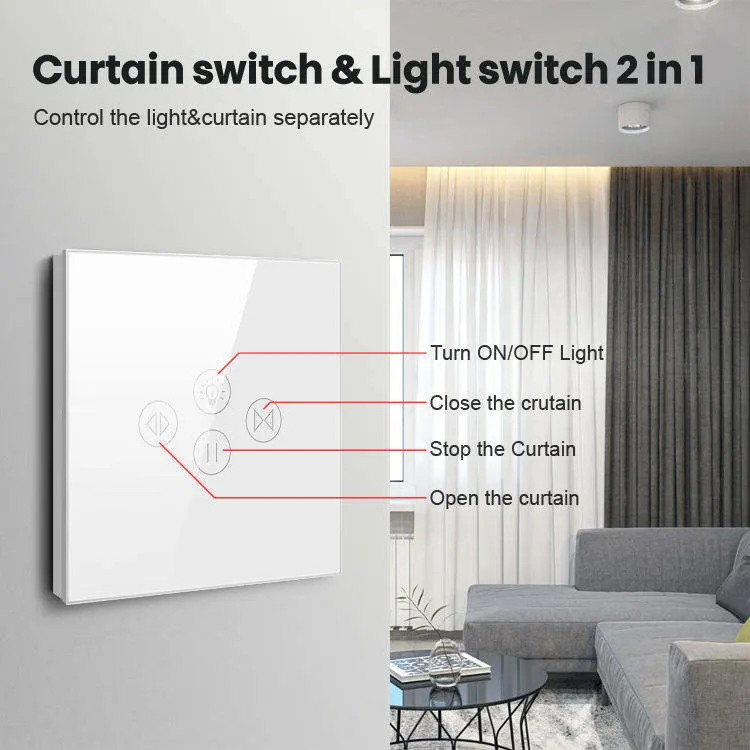 Tuya Us/EU Smart Home Crystal Class Panel Wall Switch WiFi Touch Roller Shutter Curtain Light Switch for Electric Curtain Motor