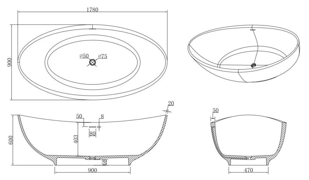 Ressani Modern Bathroom Tub Artificial Stone Resin Solid Surface Freestanding Bathtub