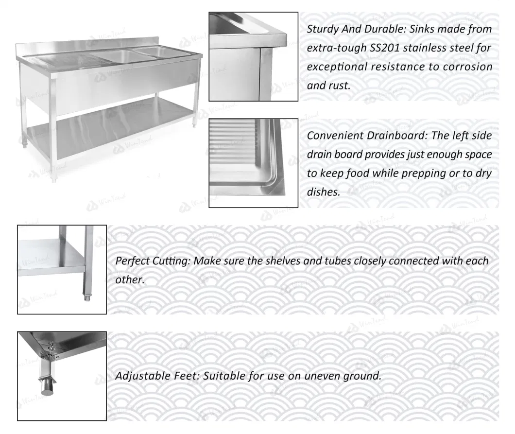 Commercial Restaurant Hotel Stainless Steel Kitchen Sink Wash Basin with Bowl and Working Workbench Suit for Kitchen Equipment