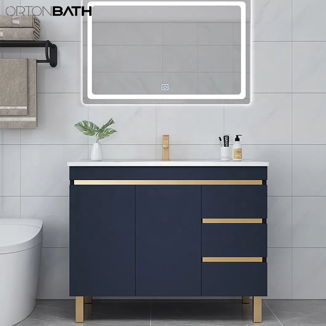 Ortonbath Modern Flooring Standing Ceramic Sink Blue Bathroom Wood Vanity Unit Cabinet Artificial Stone Bathroom Furniture with Gold Metal Handles LED Mirror