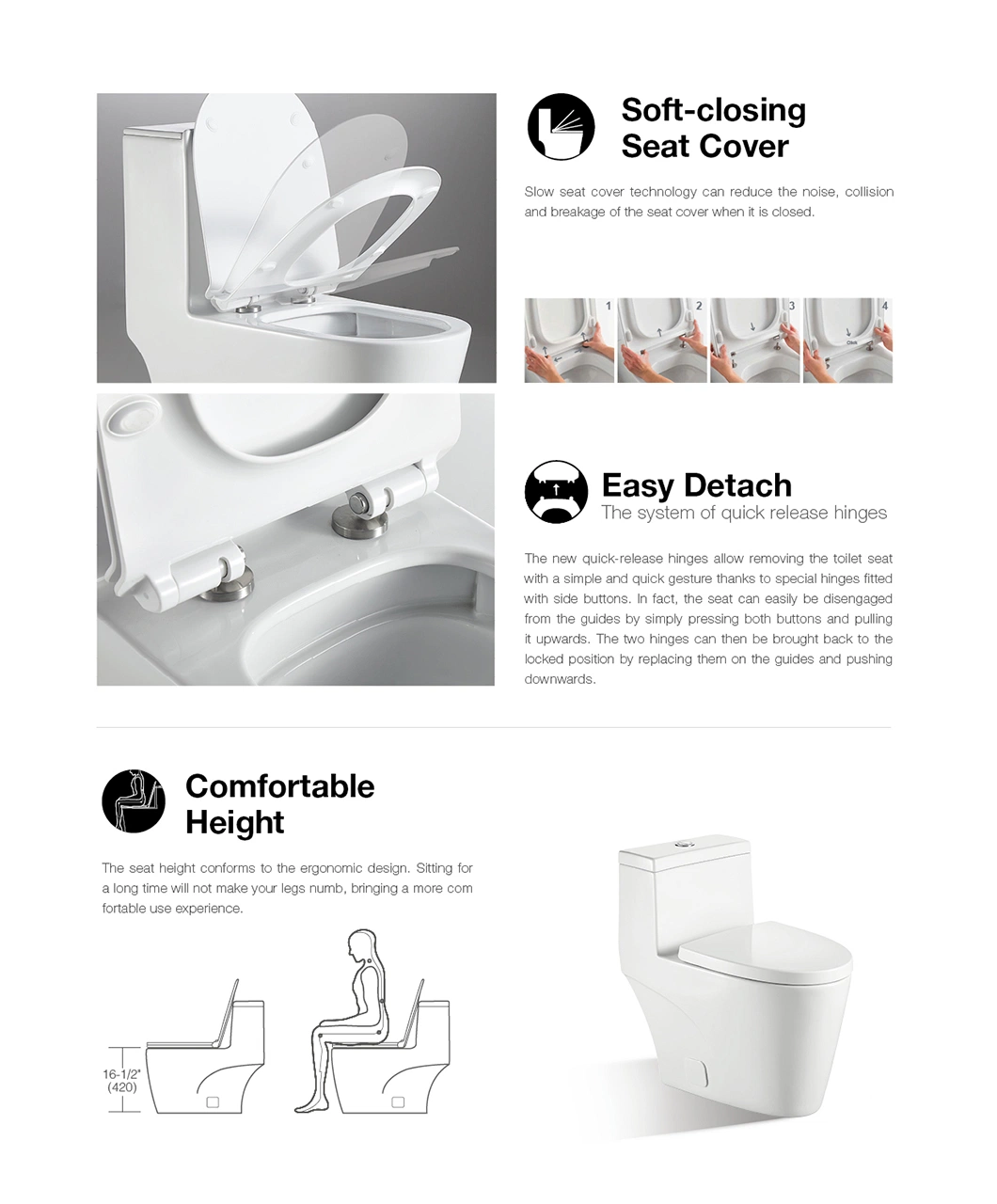 Ada Height Comfortable Simple-to-Clean Chaozhou Factory Siphonic Ceramic Toilet with Cupc Certificate CE