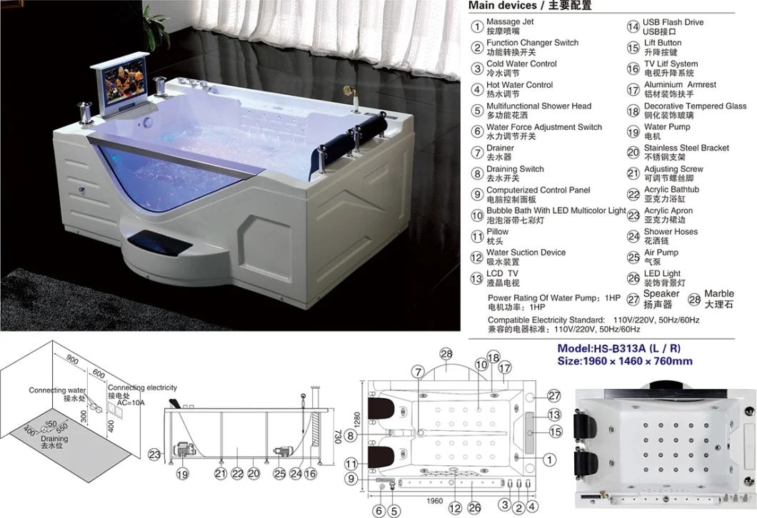 Luxury Freestanding Whirlpool Bath Tub Bubble Soaking 2 Person Hot Tub Custom Massage Bathtub with SPA