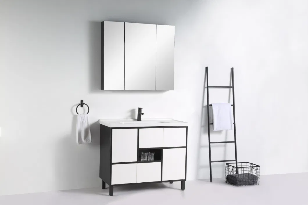 White and Black Color Modern Design Wholesale Bathroom Wall Hung Cabinet Vanity with Ceramic Washing Basin Sink