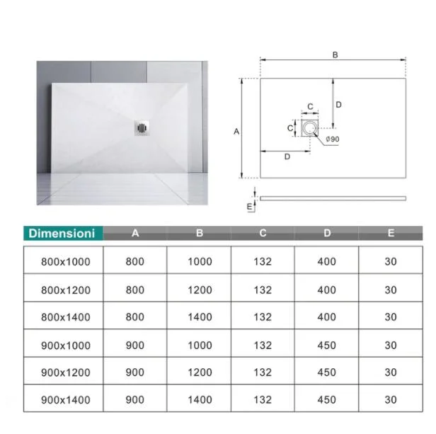 White Shower Plate, Artificial Stone Shower Tray, Thickness 4cm Ultra-Thin Marble and Resin Slate Effect Rough Pile and Pipe Incl.