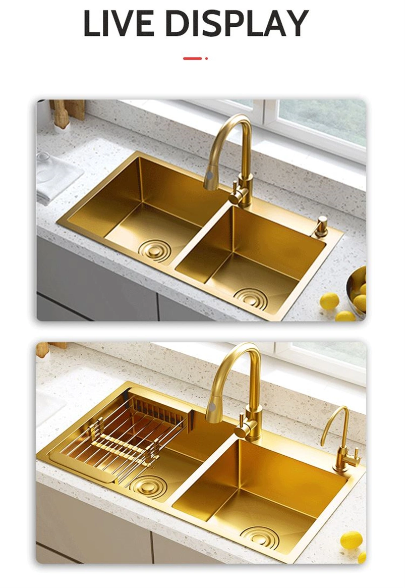 Gold 304 Stainless Steel Double Bowl Kitchen Sink: Workstation Modern Above Counter/Undermount Nano Surface Rectangular Kitchen Basin