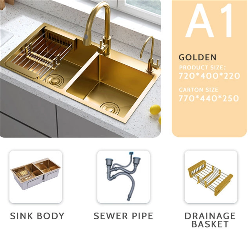 Gold 304 Stainless Steel Double Bowl Kitchen Sink: Workstation Modern Above Counter/Undermount Nano Surface Rectangular Kitchen Basin