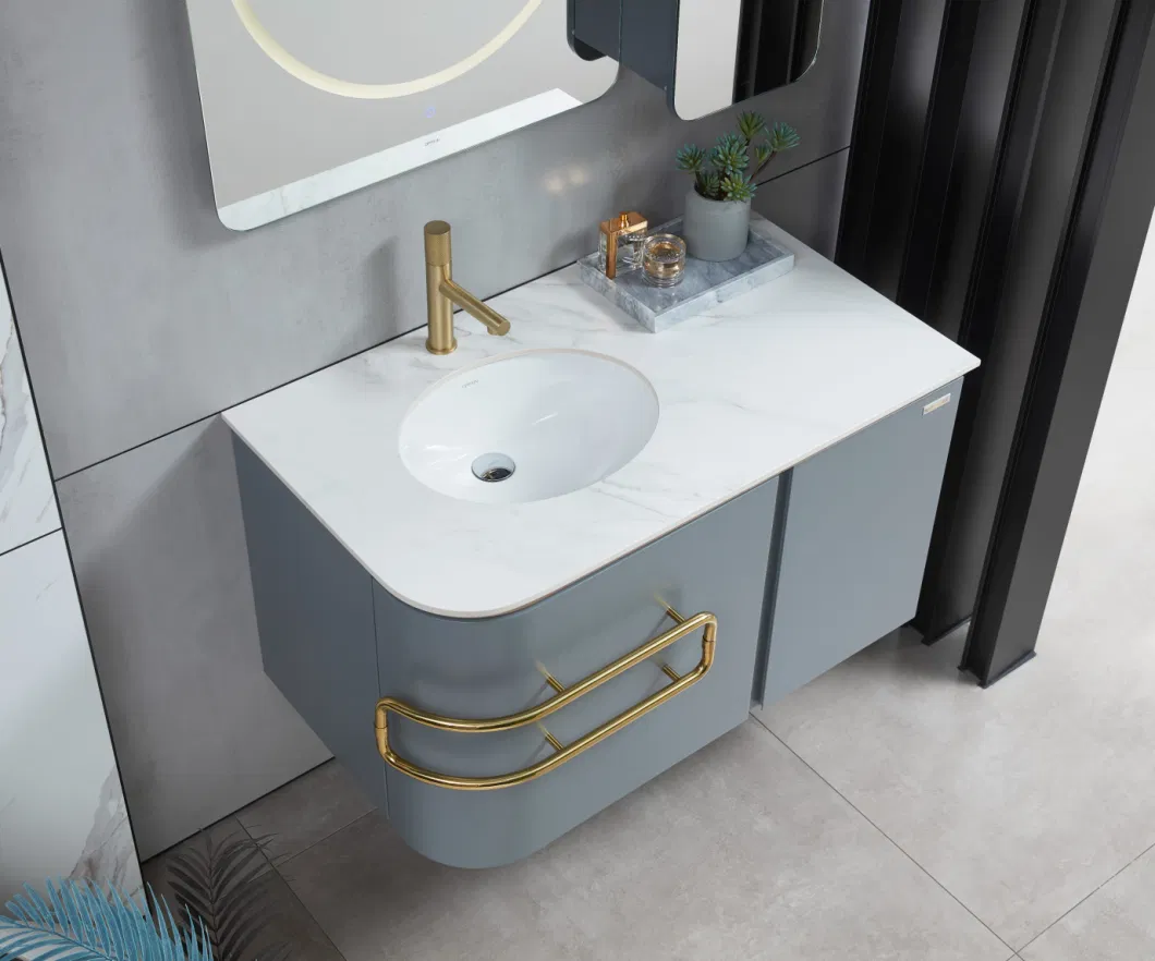 Luxury Antique Wash Hotle Double Sink Marble Washbasin Wash Basin Aluminium Bathroom Wooden Vanity Ceramic Cabinet with Smart Touch Light LED Mirror