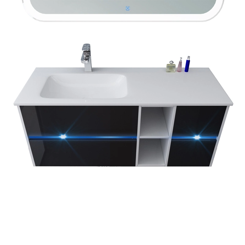 LED Light Blue Four Drawers Rounded Mirror Bathroom Cabinet