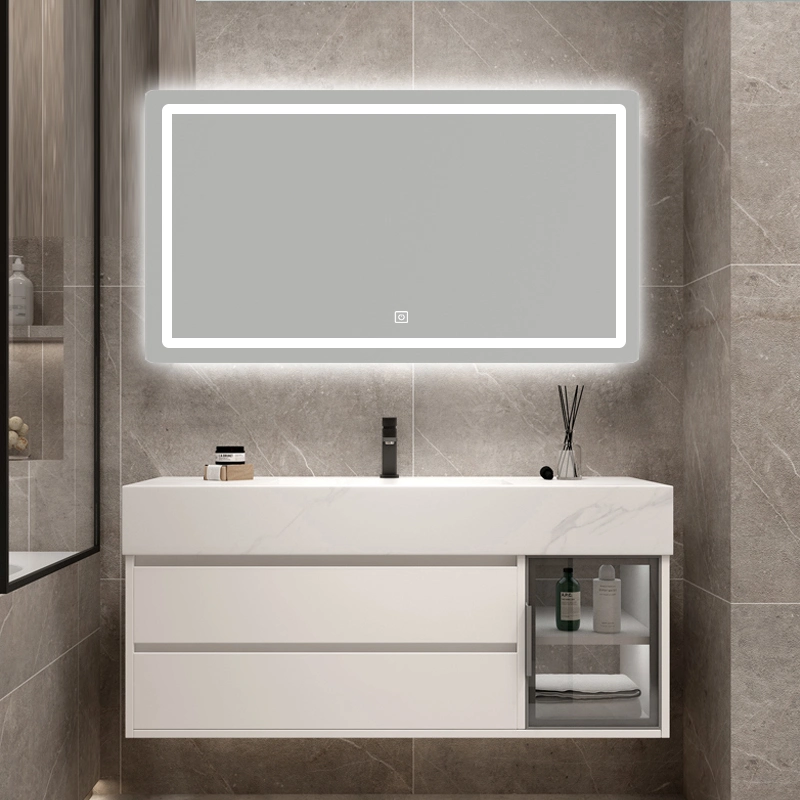 Modern Wall Mounted Melamine Plywood Wall Mounted Bathroom Vanity with Mirror Cabinet and Rock Plate Top in White