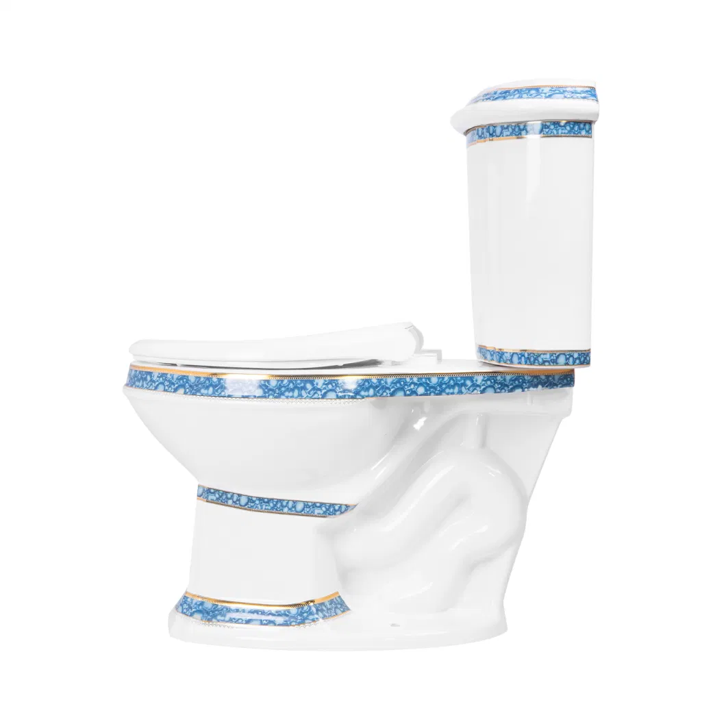 Bathroom Hot Selling Comfort Height Cloakroom Vintage Style Ceramic Porcelain Blue and Gold Two Piece Furniture with Toilet Seat and Bowl