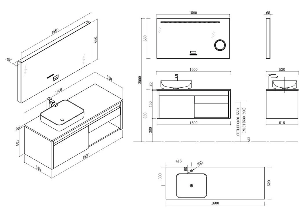 Wall Hung Bathroom Furniture 1600mm Bathroom Cabinet