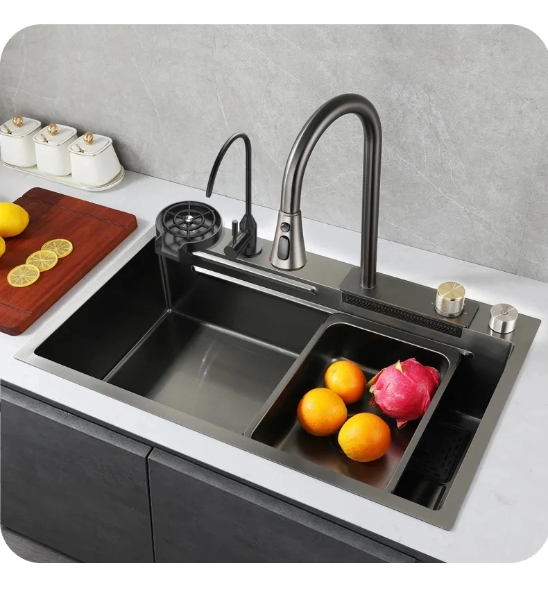 304 Stainless Steel Kitchen Sink Trend Flying Waterfall Multi-Function Kitchen Sink Nano SUS Countertop Undermount Waterfall 201 SUS Kitchen Faucet Sink