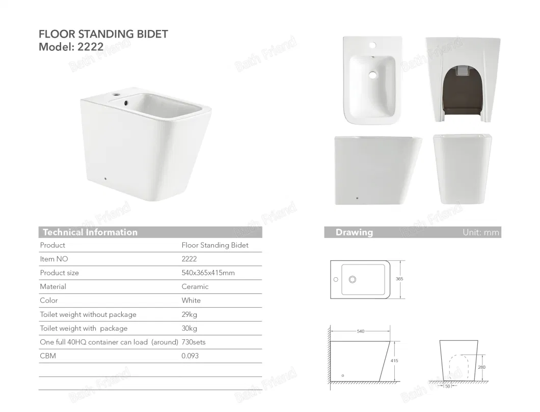 Floor Standing Modern Style Square Shape White Single Hole Ceramic Toilet Bidet Seat Bidets