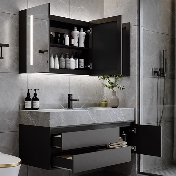 Modern Design Slate Countertop Wall Hung Vanity Wooden Panel Bathroom Cabinet with Mirror