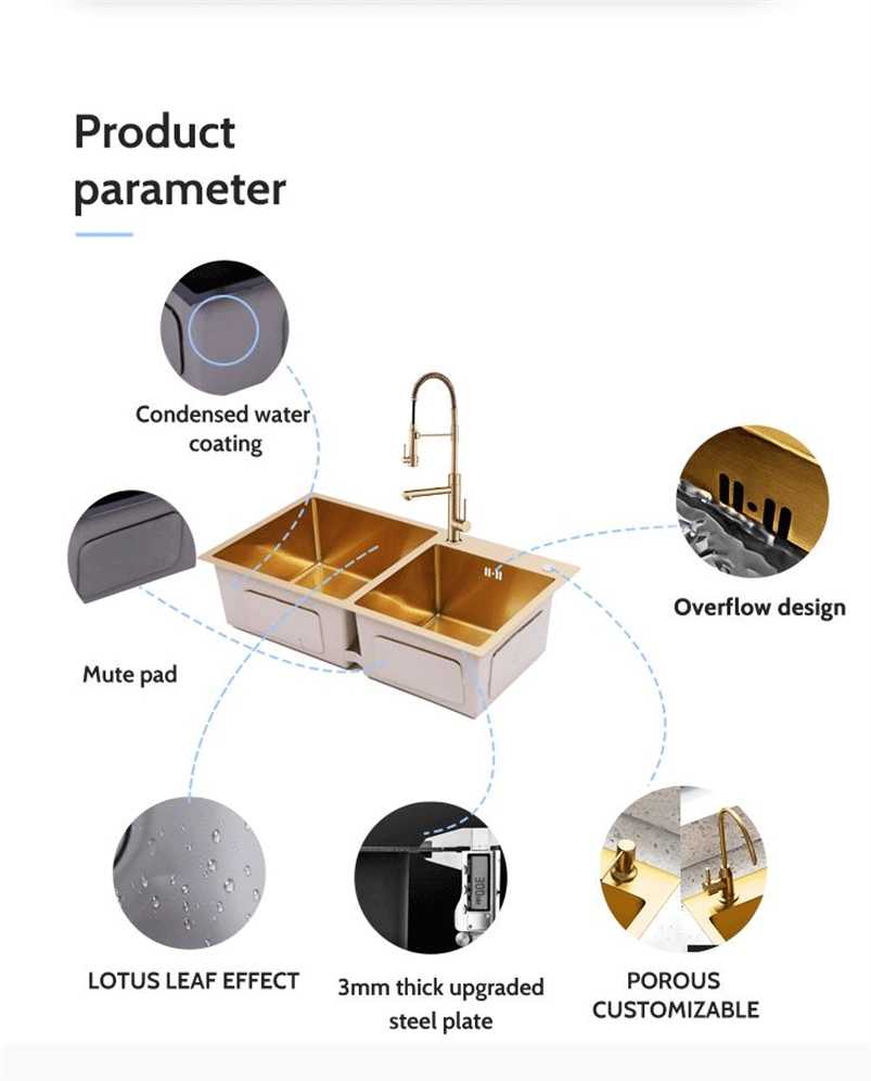 Gold 304 Stainless Steel Double Bowl Kitchen Sink: Workstation Modern Above Counter/Undermount Nano Surface Rectangular Kitchen Basin