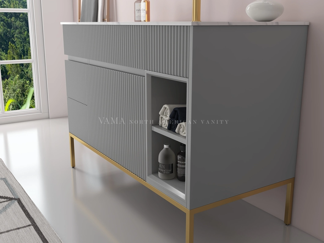 Vama 1000mm Factory Direct Sale Modern Free Standing Ripple Effect Veneer Bathroom Cabinet with Stainless Steel Legs A30710