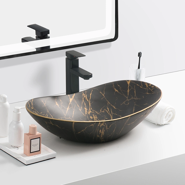 Lavatory Sanitaryware Black Countertop Marble Sink Bathroom Ceramic Art Marble Sink Washing Hand Basin for Bathroom