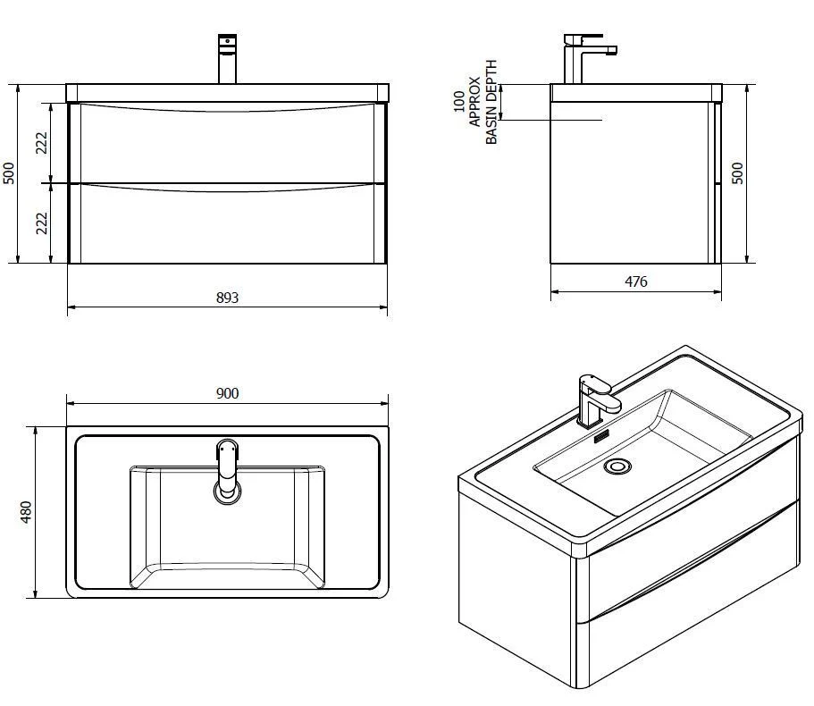 Wall Hung Bathroom Vanity Cabinet 2 Drawer White Gloss 600/800/900