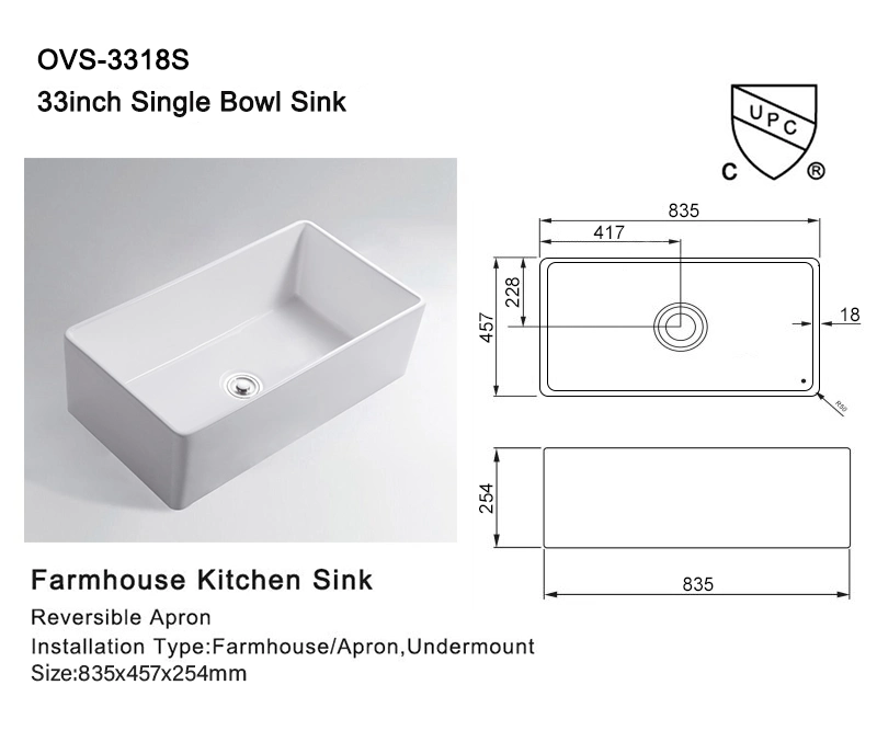 Standard Size High Quality Products in 33 Inch Ceramic Apron Kitchen Sink Single Bowa Easy to Clean