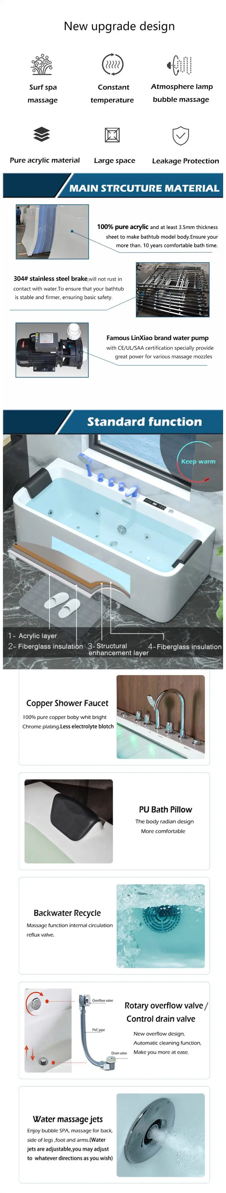 Wholesale Acrylic Freestanding Whirlpool Massage Bathtub with Jets Heater