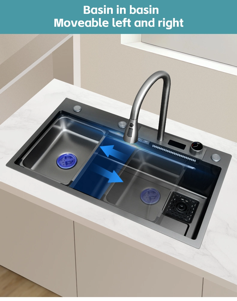 Black Nano Single Modern Stainless Steel Waterfall Kitchen Sinks Smart Multifunction 304 Stainless Steel Kitchen Sink with Digital Display