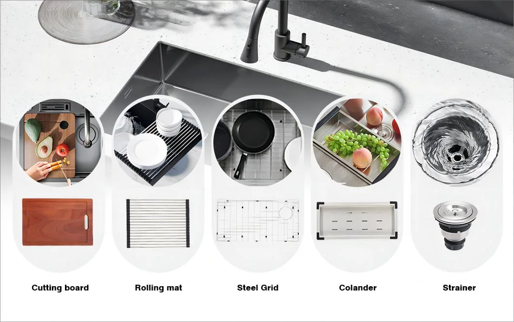 Factory Composite Quartz Stainless Steel Farmhouse Sink Drainboard Workstation Granite Double Bowl Waterfall Sink Popular Black Kitchen Sink