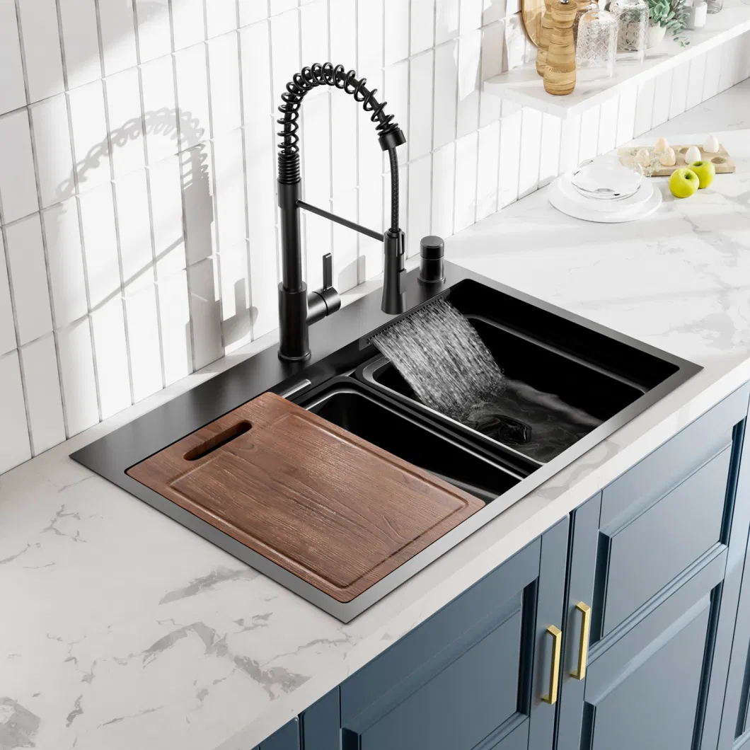 Nano Step Kitchen Sink 304 Stainless Steel Handmade Farmhouse Kitchen Black Sinks with Waterfall Faucet