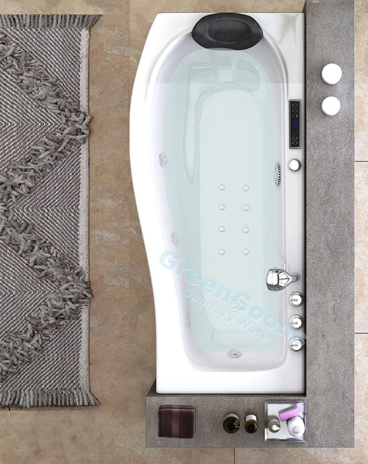 CE UK P Shaped Single Person Hydromassage Jets Acrylic Long Bath Whirlpool Waterfall Ozone Function Massage Bathtubs with Heater