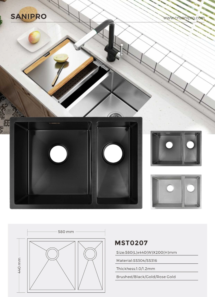 Sanipro Customized Handmade Square Double Bowl Undermount Quartz Stone Black Kitchen Sinks