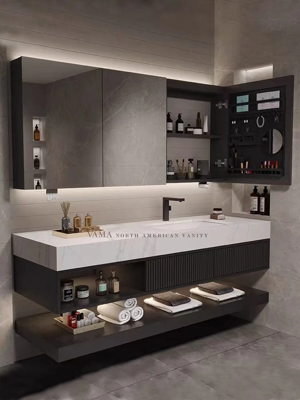 Vama Customized Luxury Style Exquisite Design Wall Mounted Bathroom Vanity with Mirror Cabinet
