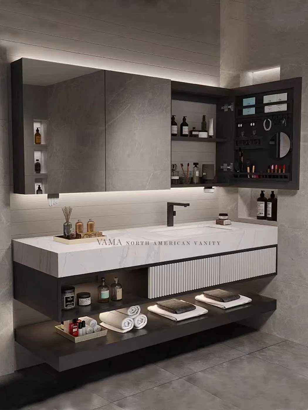 Vama Customized Luxury Style Exquisite Design Wall Mounted Bathroom Vanity with Mirror Cabinet