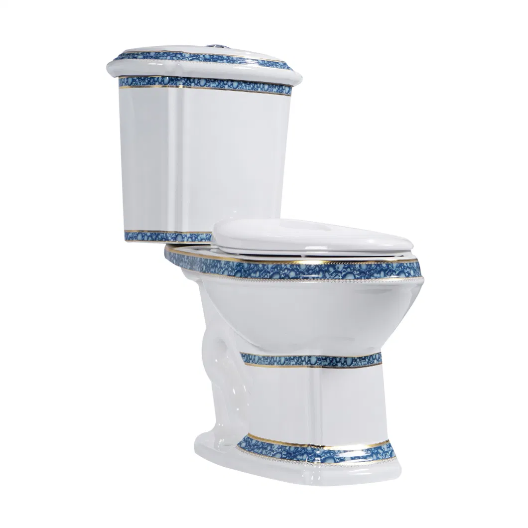 Bathroom Hot Selling Comfort Height Cloakroom Vintage Style Ceramic Porcelain Blue and Gold Two Piece Furniture with Toilet Seat and Bowl