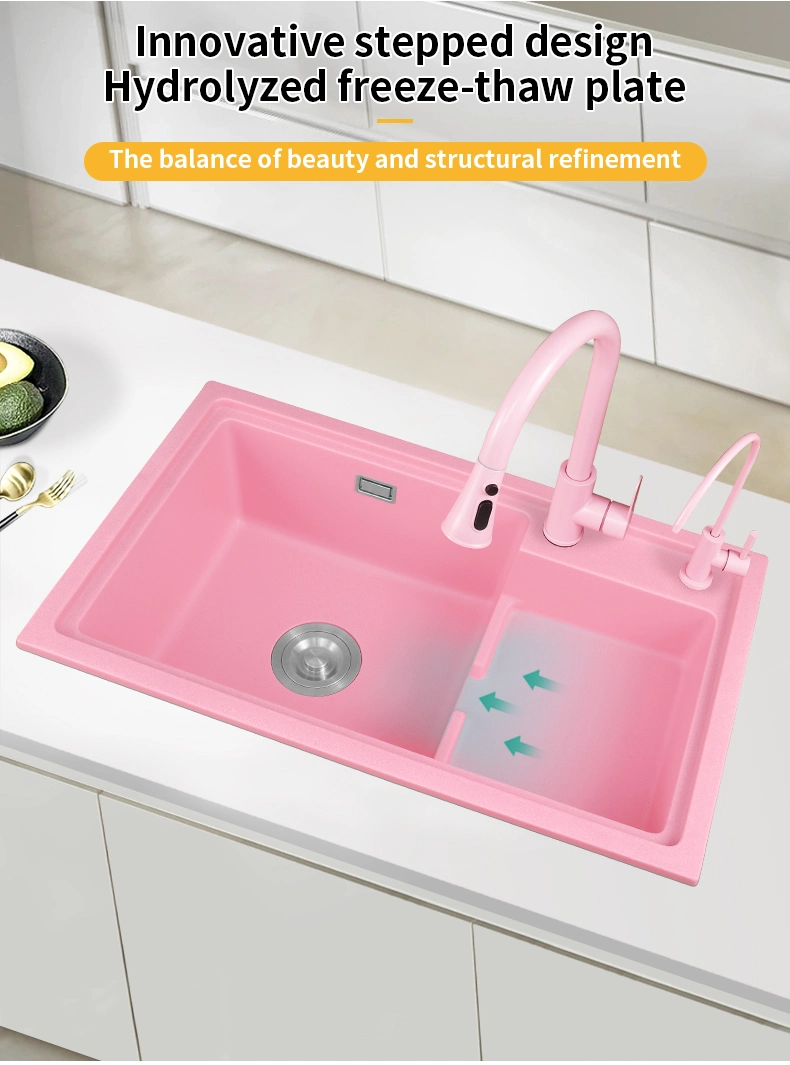 High and Low Stepped Pink Quartz Stone Kitchen Sink, Large Double Sink, Vegetable Washing Basin