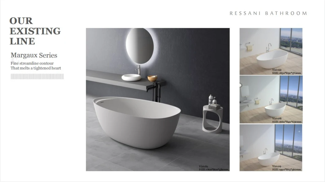 Ressani Modern Bathroom Tub Artificial Stone Resin Solid Surface Freestanding Bathtub