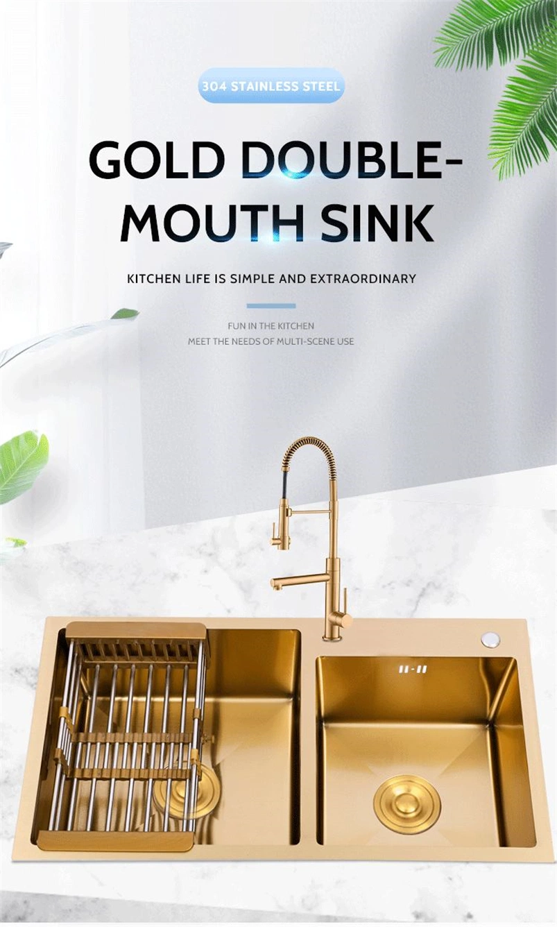 Gold 304 Stainless Steel Double Bowl Kitchen Sink: Workstation Modern Above Counter/Undermount Nano Surface Rectangular Kitchen Basin