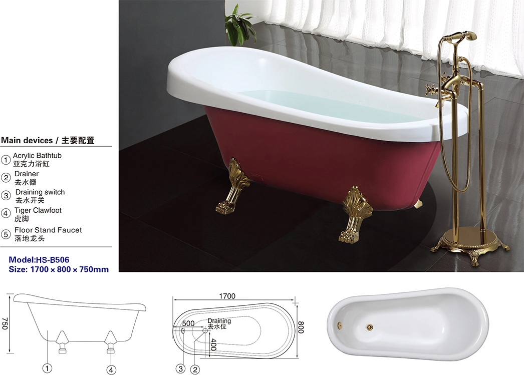 Cheap Bathroom Furniture Free Standing Red with White Acrylic Soaking Bathtub
