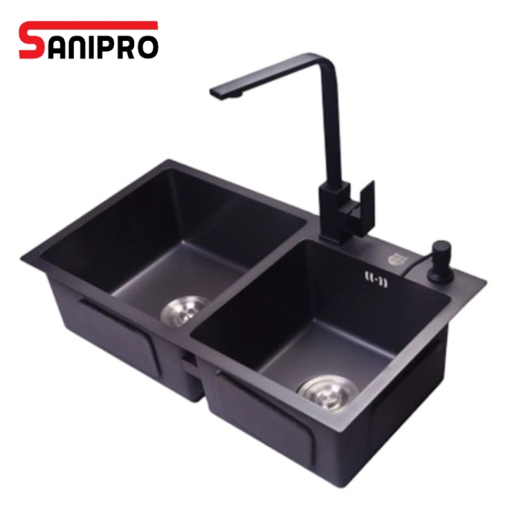 Sanipro Black Double Bowl Household Cleaning Composite Granite Quartz Kitchen Sink