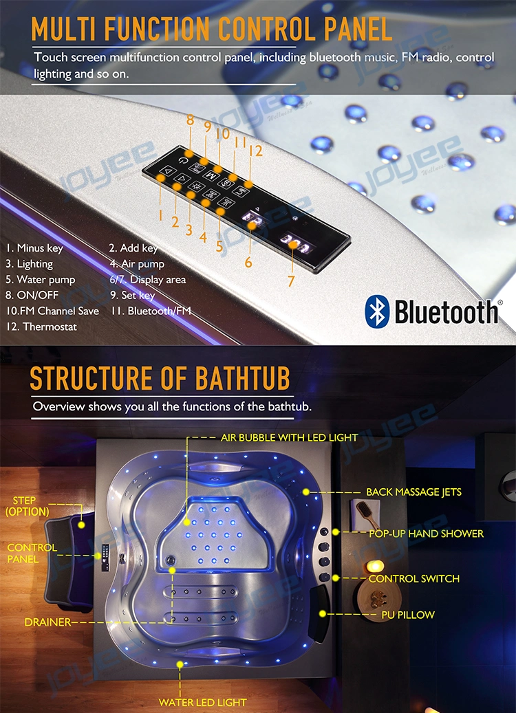 Joyee Air Bubble Massage Jets Hot Tub Freestanding Acrylic Bathtub with Colorful LED Light