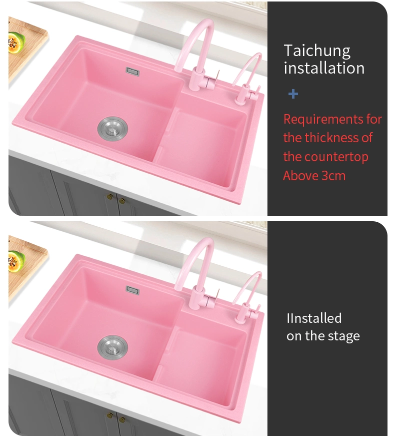 High and Low Stepped Pink Quartz Stone Kitchen Sink, Large Double Sink, Vegetable Washing Basin