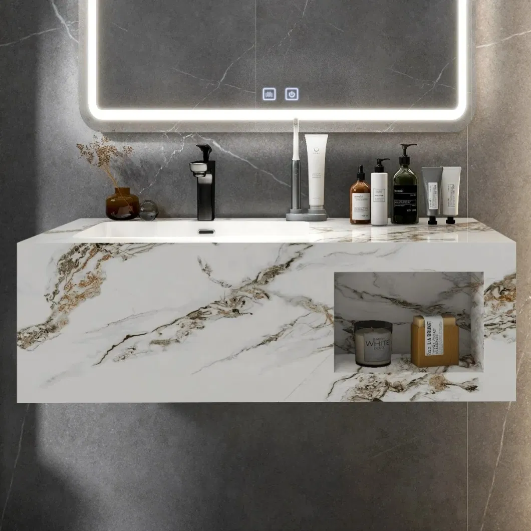 2024 Vanity Sintered Stone Sink Cabinet with Smart Mirror Wall Hung Marble Wash Basin Artificial Bathroom Combined Cabinet