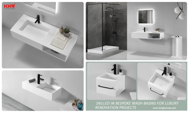 Small Cloakroom White Wastafel Table Top Wall Hung Solid Surface Acrylic Resin Stone Sink Bathroom Vanity Wash Basin