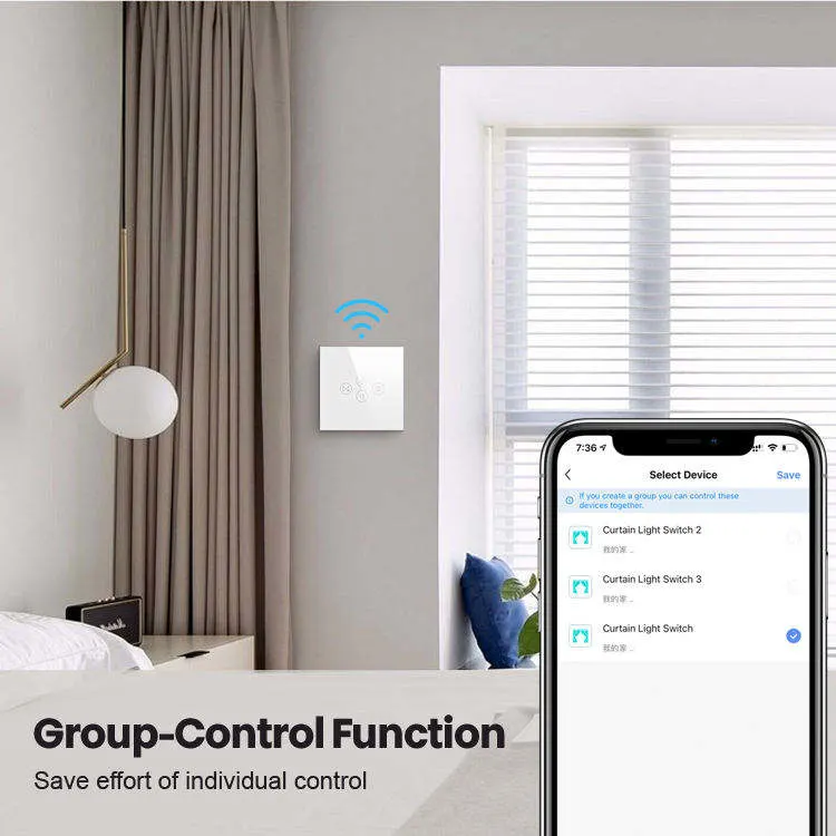 Tuya Us/EU Smart Home Crystal Class Panel Wall Switch WiFi Touch Roller Shutter Curtain Light Switch for Electric Curtain Motor