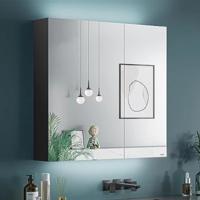  El cuarto de baño espejo iluminado LED Botiquín Armario de almacenamiento en la pared Espejo con salida regulable, Brillo, Estantes ajustables moderno