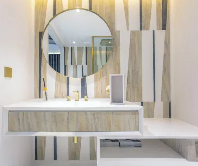 Armario de superficie sólida Cuenca Baño lavabo pared de tocador fregadero Baño lavabo Cuenca Piedra artificial Shampoo Sinals un solo agujero