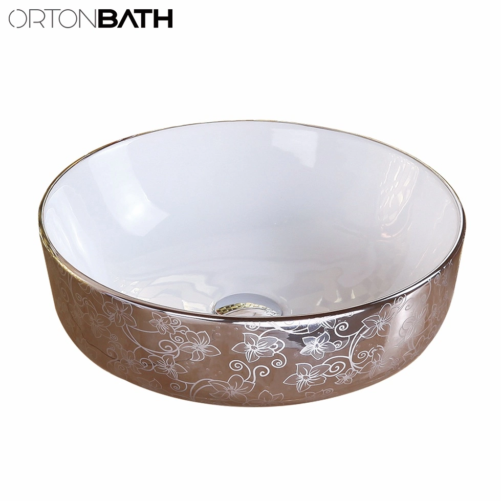 Ortonbath Rectangular Gold Bathroom Counter Top Ceramic Electroplated Basin Art Wash Basin Sink with Tap Faucet Mixer for Bathroom Vanity Cabinet