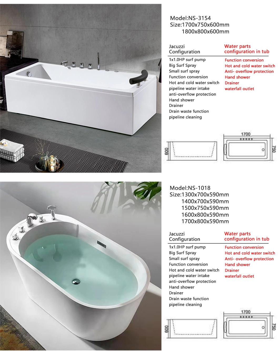 Modern Acrylic Jakuzzi Indoor Bathtub Hydromassage Surfing Whirlpool Waterfall SPA Bathtub for Bathroom