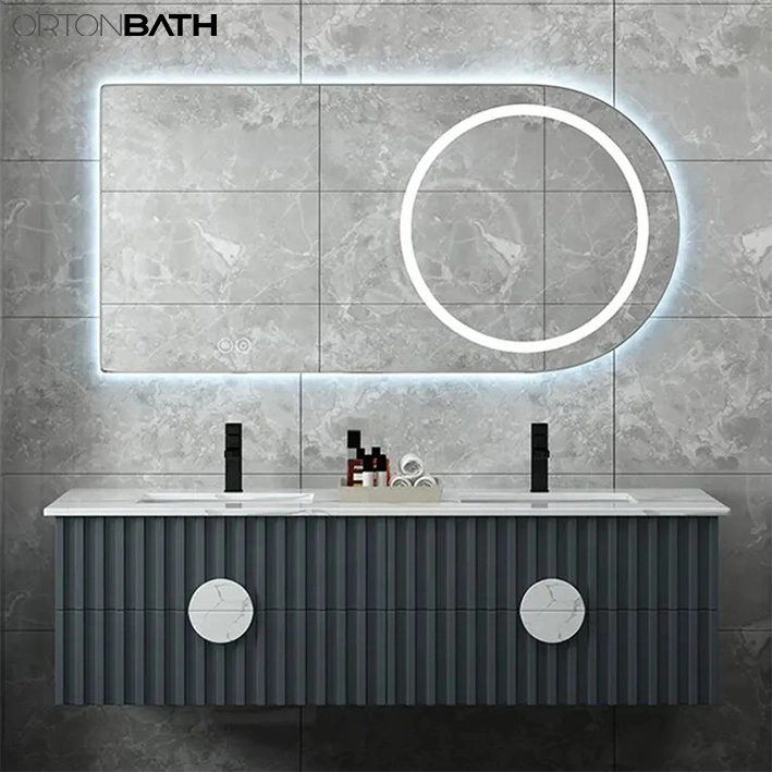 Ortonbath Modern Wall Mount Bathroom Wood Vanity Unit Cabinet Artificial Marble Stone Bathroom Furniture with LED Mirror Cabinet and Marble Handle