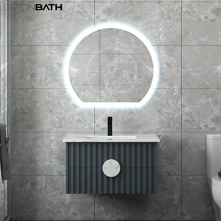 Ortonbath Modern Wall Mount Bathroom Wood Vanity Unit Cabinet Artificial Marble Stone Bathroom Furniture with LED Mirror Cabinet and Marble Handle