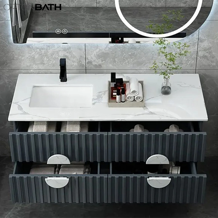 Ortonbath Modern Wall Mount Bathroom Wood Vanity Unit Cabinet Artificial Marble Stone Bathroom Furniture with LED Mirror Cabinet and Marble Handle