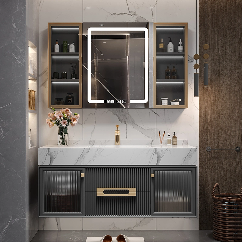 Modern Design Floor Mounted Ceramic Wash Basin Sink Bathroom Furniture LED Mirror Cabinet Wood Cabinet with Ceramic Sink and Marble Top